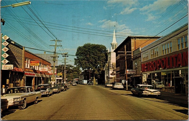 Postcard NS Antigonish Main Street Wong's Restaurant Kodak Shop Church 1969 S104