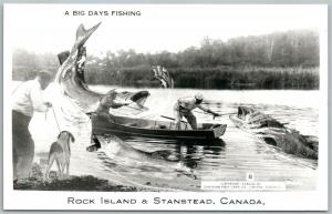 ROCK ISLAND & STANSTEAD CANADA FISHING EXAGGERATED ANTIQUE REAL PHOTO PC RPPC