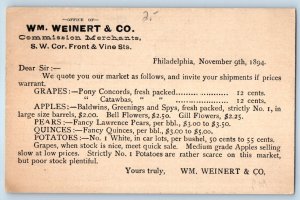 1894 Wm Weinert & Co Commission Merchant Philadelphia PA Advertising Postal Card