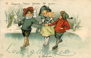 IAPC New Year Postcard Children Ice/ Figure Skate Loving Wishes, Posted 1905