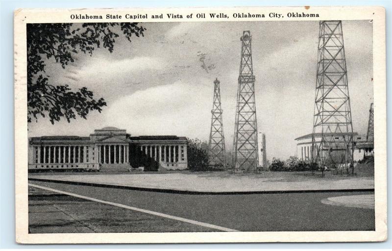 *Oklahoma State Capitol Vista of Oil Wells Oklahoma City Vintage Postcard B61