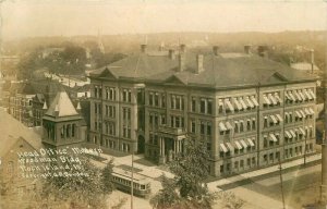 1913 Rock Island Illinois Modern Woodman Building Trolley Banden RPPC  Postcard