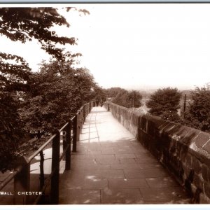 c1930s Chester, England RPPC City Wall Stone Pathway Railing Foliage Houses A349