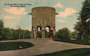 Vintage Postcard 1910 Old Stone Mill, Institute Park Worcester Massachusetts MA