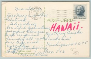 Hawaii~Aloha Card Palms & Beach Sunset View~Standard Chrome Postcard