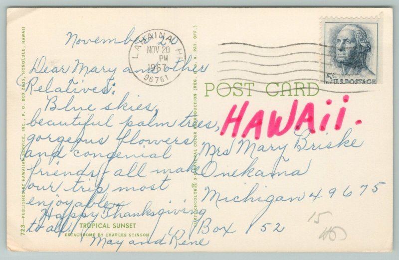 Hawaii~Aloha Card Palms & Beach Sunset View~Standard Chrome Postcard