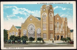 Florida ST. PETERSBURG First Avenue M. E. Church older cars - White Border