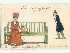 Pre-1907 signed DOG SITTING BESIDE PRETTY GIRL ON BENCH k8364