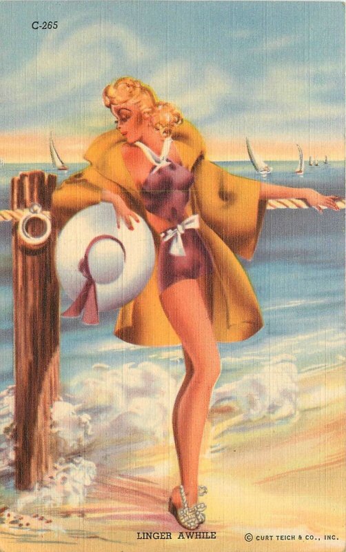 Postcard Sexy Bathing suit woman 1940s Teich linen 22-14071