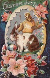 Easter Duck Painting Rabbit Egg Flower Border c1910 Vintage Postcard