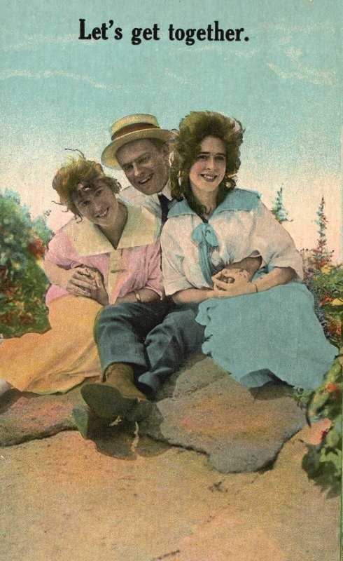 Vintage Postcard Lovers Love Triangle Guy and Two Girls Lets Get Together