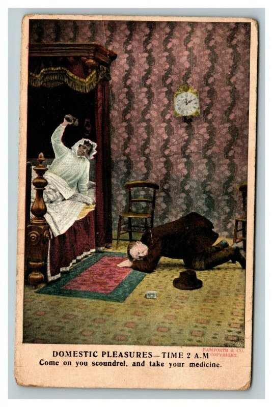 Vintage 1906 Humor Postcard Wife Beating Husband With Shoe Domestic Pleasures Other 8949