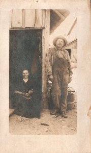 Vintage Postcard Man And His Wife Front Door Picture Photograph