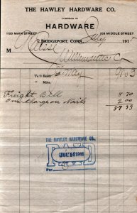 1915  Bridgeport  Connecticut  The Hawley Hardware Co.  Receipt  8 x 5