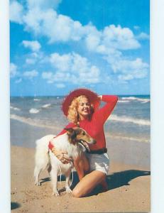 Pre-1980 risque SEXY GIRL ON BEACH WITH BEAUTIFUL COLLIE DOG HL4176-22