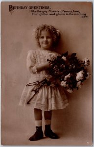 Birthday Greetings Baby Girl Holding Bouquet of Flowers Real Photo RPPC Postcard