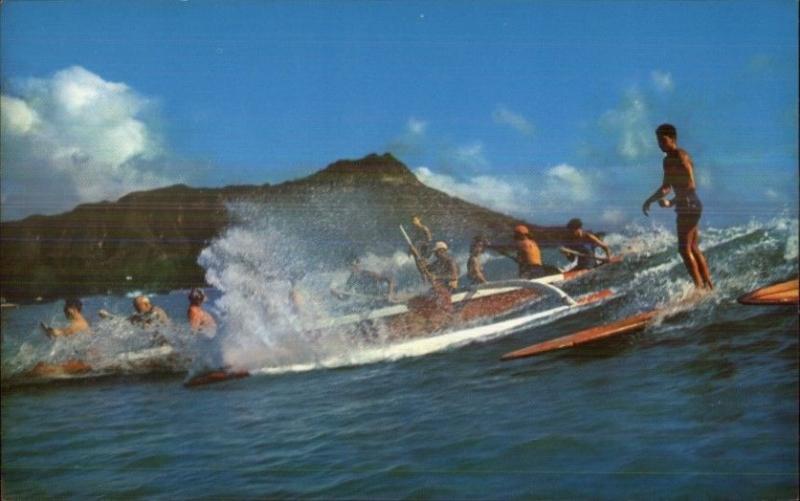 Outrigger Canoes Waikiki HI c1950s-60s Postcard