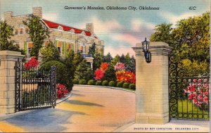 Governors Mansion Oklahoma City OK Sunset Entrance Gate Linen Postcard VTG UNP  