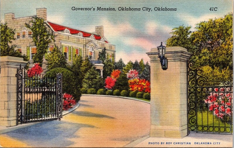 Governors Mansion Oklahoma City OK Sunset Entrance Gate Linen Postcard VTG UNP 