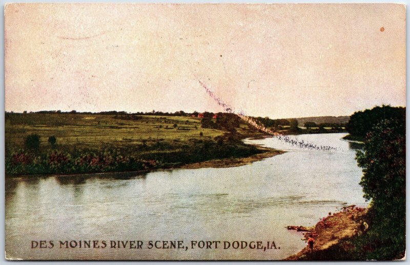 VINTAGE POSTCARD A DES MOINES RIVER SCENE AT FORT DODGE IOWA POSTED 1909 FLAG