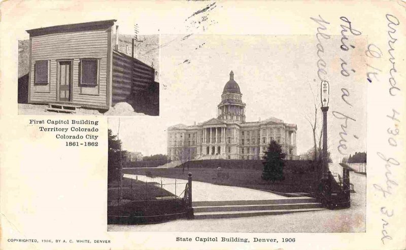 First Capitol 1861 & State Capitol 1908 Colorado Denver 1907 postcard