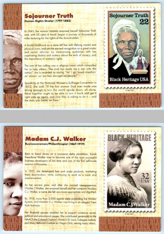 2 Postcards SOJOURNER TRUTH Black Heritage Stamps MADAM C.J. WALKER 4x6