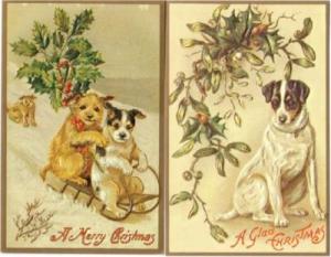 2 Christmas Dog Embossed Greeting Repro Postcard Set