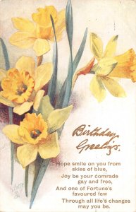 Birthday Greetings Daffodils Flowers Poem vintage postcard