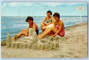 1969 Wasaga Beach Ontario Canada Vintage Postcard Sand Castles Girl Swimsuit