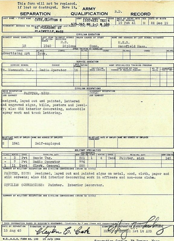 1945 Army Qualification Form for Civilian Conversion Employment during WW2.   Y7