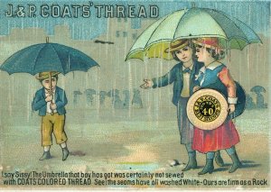 1880's Lovely Kids Rain Umbrella J&P Coats Victorian Trade Card P140