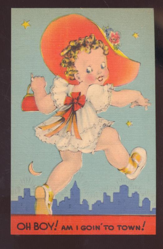 CUT GIRL COMING TO TOWN SUNBONNET HAT VINTAGE COMIC POSTCARD