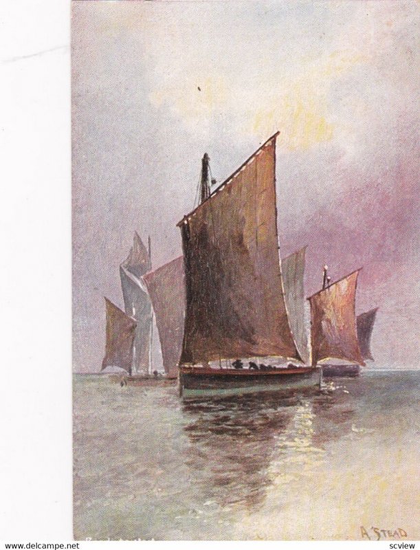 A. STEAD; Sailing Vessels on tranquil waters, Ready to start, 1900-10s