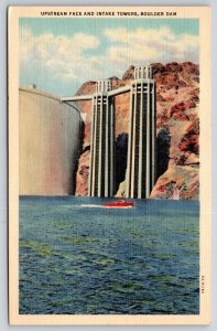 Nevada~Boulder Dam~Upstream Face~Intake Towers~Motor Boat~Linen 1938 Postcard