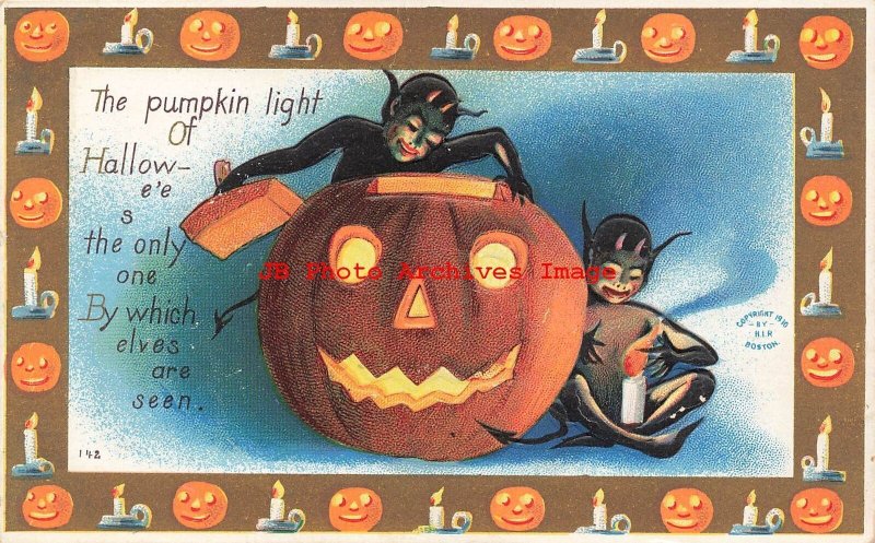 Halloween, Robbins No 142-2c, Black Devils Playing with Jack o Lantern & Candle 