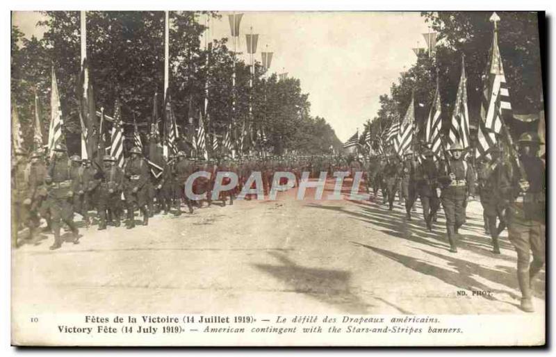 Old Postcard Army Fetes victory July 14, 1919 The parade of American flags