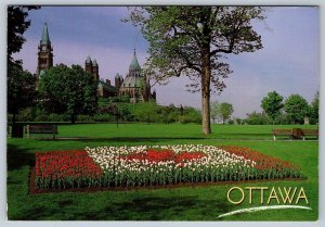 Parliament Buildings, Floral Flag, Tulips, Ottawa Ontario Canada Chrome Postcard