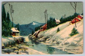 For You At Christmas, Rural Winter Scene, Antique Greetings Postcard