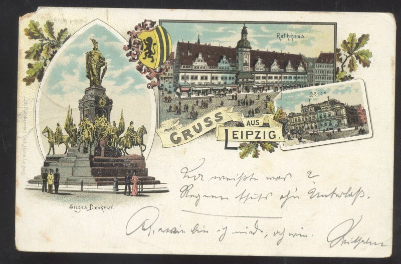 1899 GRUSS AUS LEIPZIG GERMANY SIEGES DENKMAL MULTI VIEW VINTAGE POSTCARD