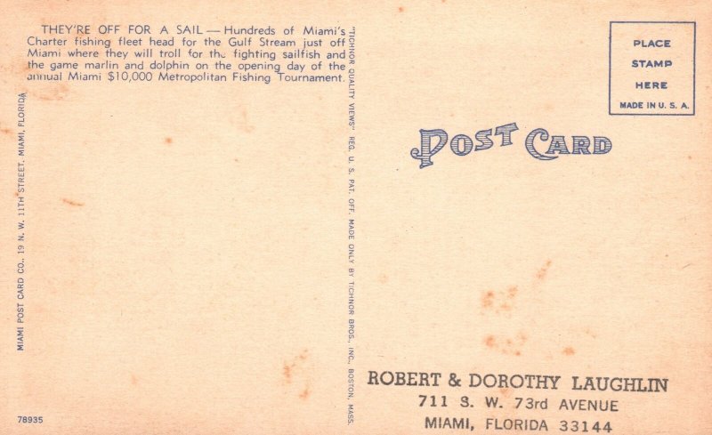 Vintage Postcard Fishing Fleet Gulf Stream Along McArthur Causeway Miami Florida