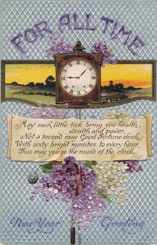 c.1907-15 Clock Rail Fence Sunrise Embossed Floral Postcard 2T6-122