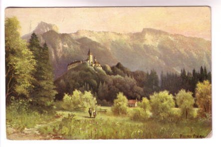 N Melen Painting, People in Countryside, Castle on Hill