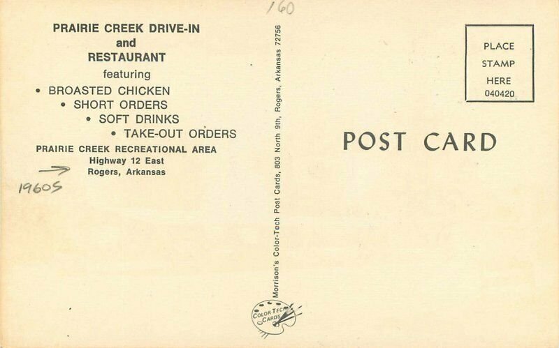 Rogers Arkansas 1960s Prairie Creek Drive In Restaurant autos Postcard 21-5937