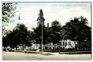 1907 Court House Square Street Tree Scene Waukegan Illinois IL Carriage Postcard 