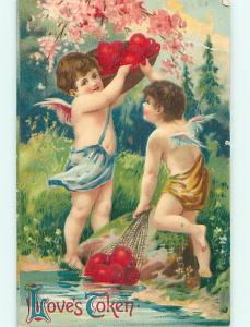 Divided-Back valentine CUPIDS GATHER HEARTS FROM THE STREAM r4131