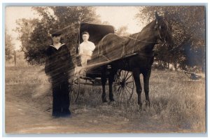 US Navy Sailor Postcard RPPC Photo Woman Riding Horse Buggy c1910's Antique