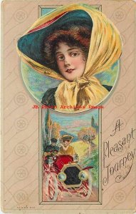 A Pleasant Journey Greeting, AP Co No 812, Woman with Scarf over Hat,Art Nouveau