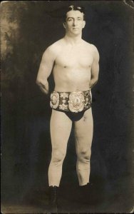 Boxer Boxing Champion w/ Belt Boston MA Shirtless Man Beefcake 1910 RPPC