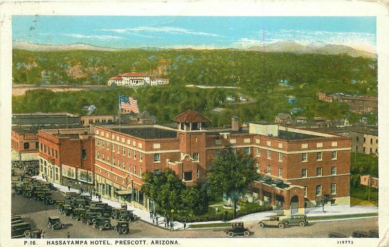 Autos Birdseye Hassayampa Hotel Prescott Arizona 1928 Postcard Herz Teich 7136