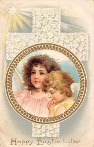 Happy Eastertide Easter Children Angel Cross Praying Antique Postcard K83853